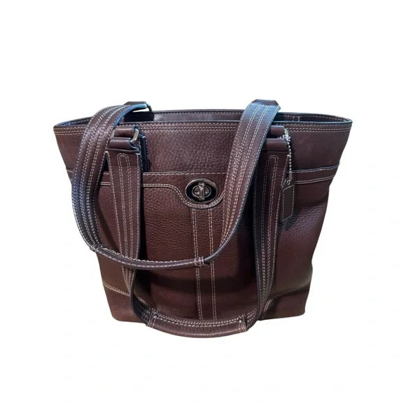 Coach Hampton Brown Pebbled Leather Tote with Structured Design and Dual Straps - Picture 10 of 12